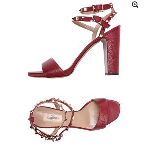 Valentino Garavani Red Leather Studded Ankle-Strap Block Heel Sandals